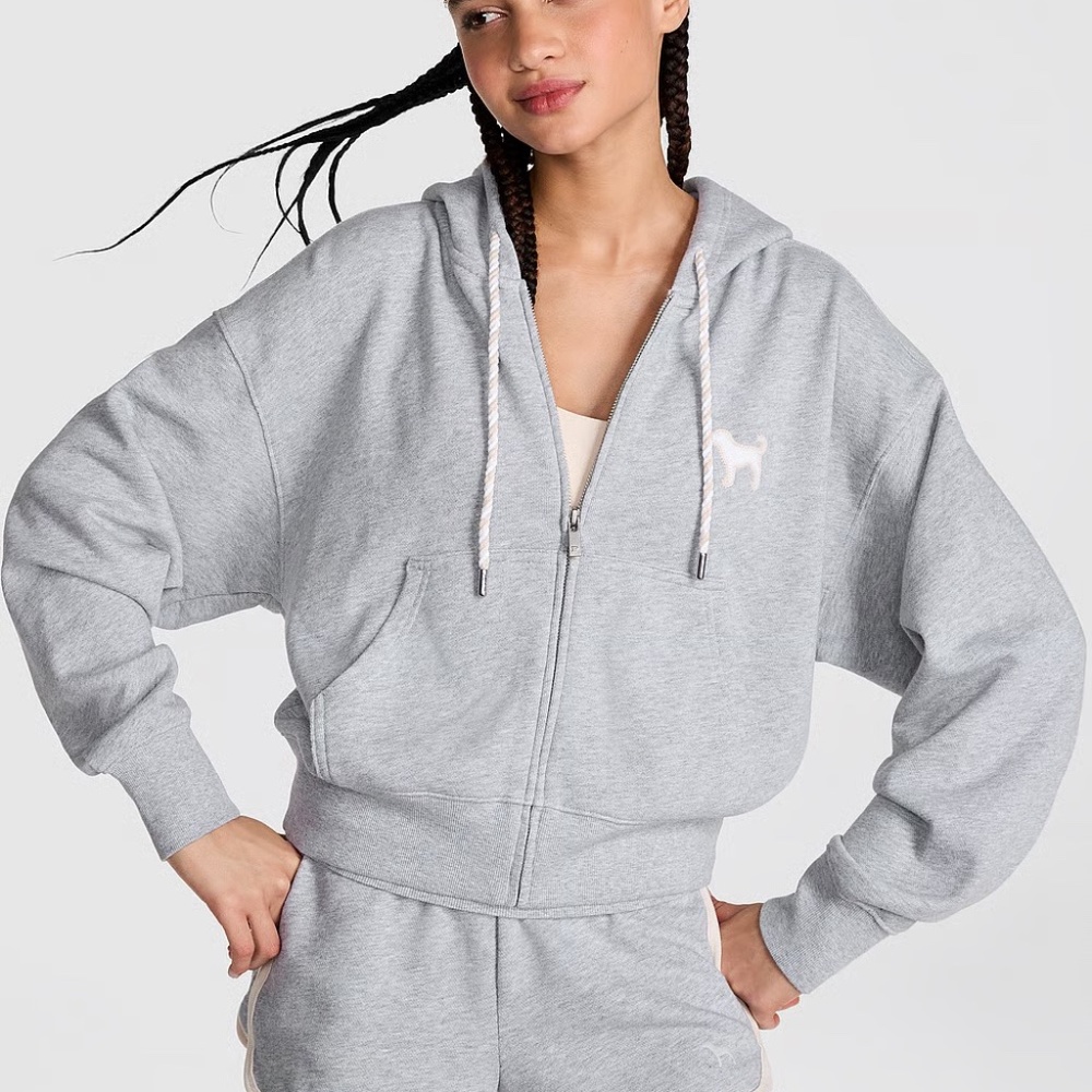 Victoria's Secret PINK Ivy Terry Shrunken Full-Zip Hoodie Heather Gray XL NEW